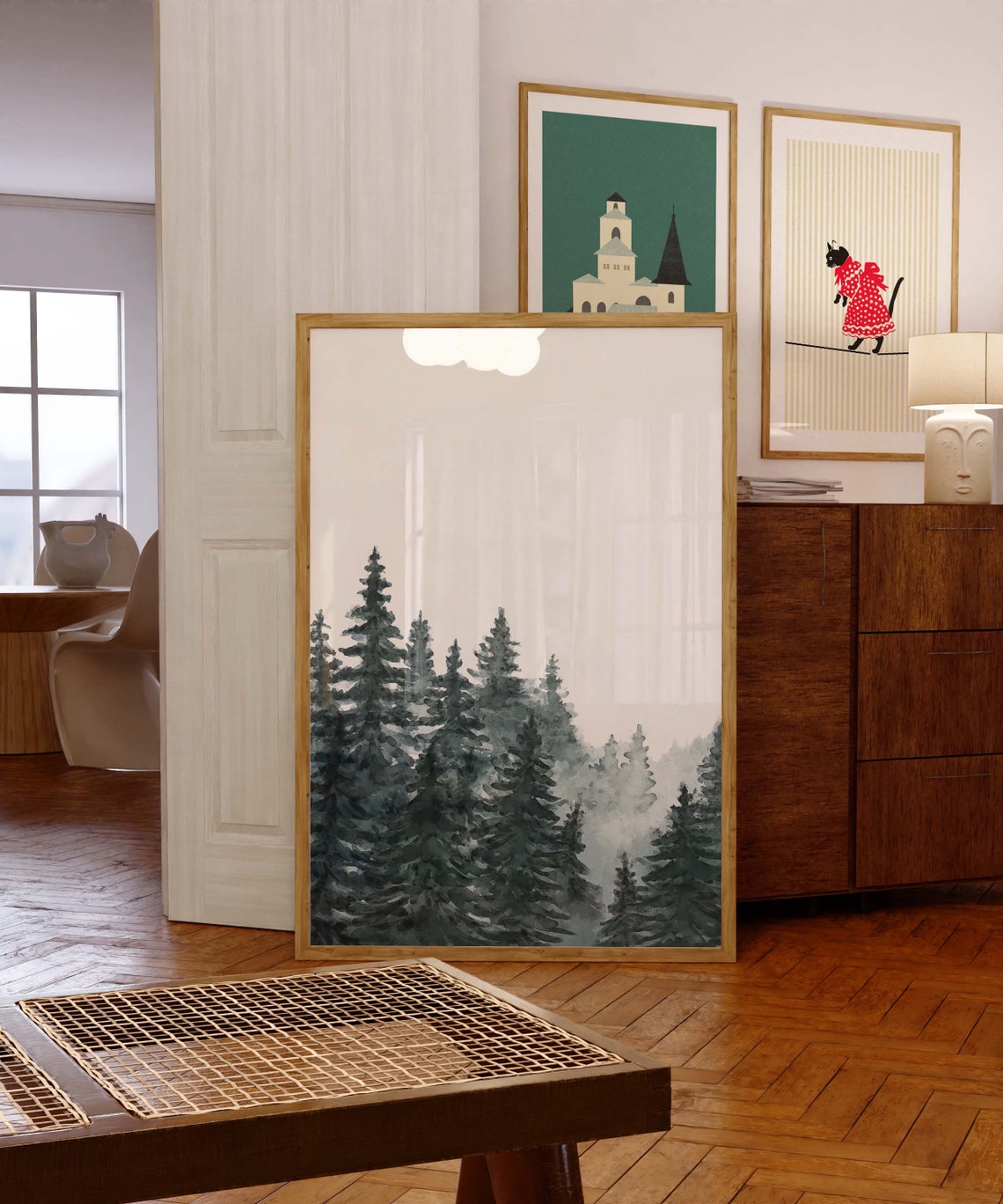 Misty Pine Forest Watercolor Evergreen Trees Foggy Nature Wall Art - Image 2
