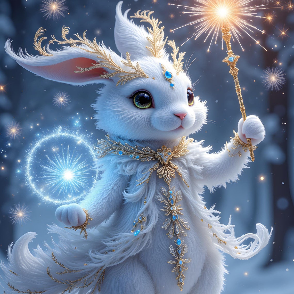 Magical White Rabbit with Sparkler in Starry Snow Night Poster - Image 7