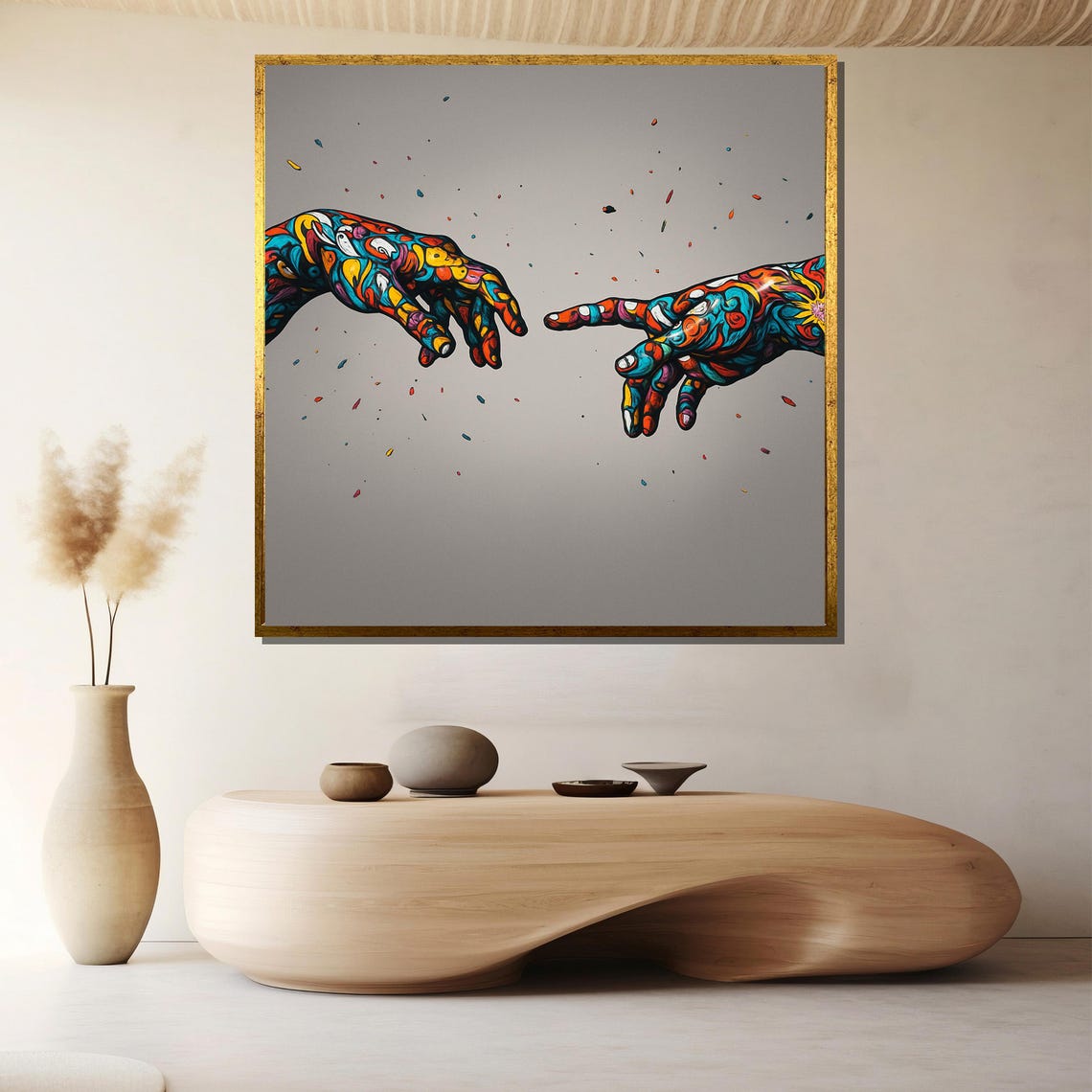 Surreal Mosaic Hands Reaching Connection Boho Abstract Art Poster