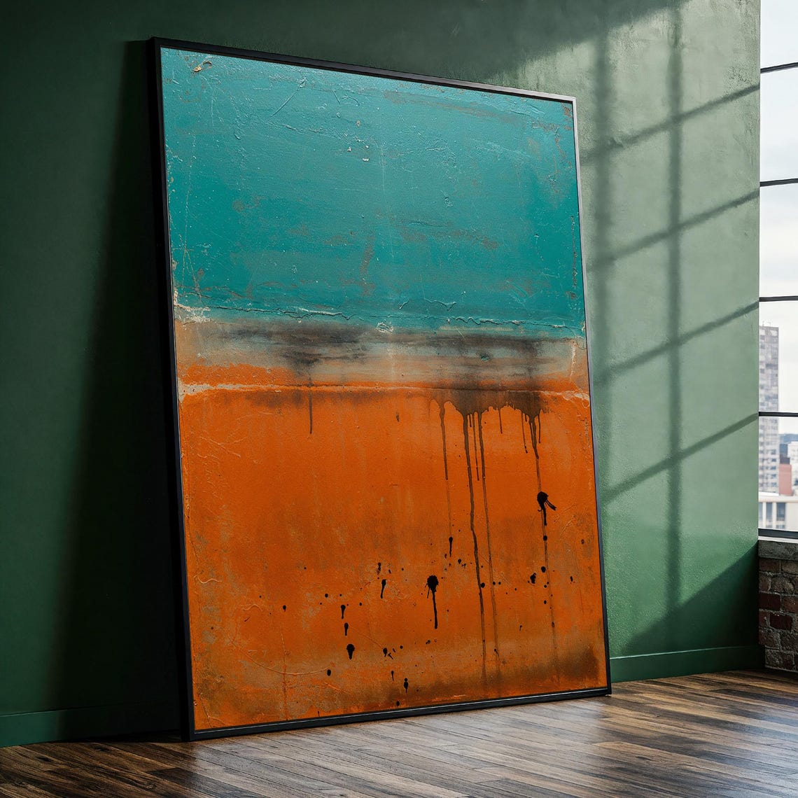 Teal and Burnt Orange Drip Abstract Color Field Modern Art Poster
