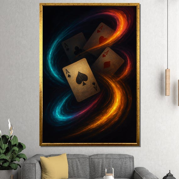 Ace Playing Cards In Cosmic Swirl Fiery Blue And Orange Abstract Poker Design For Bold Modern Game Room Wall Art