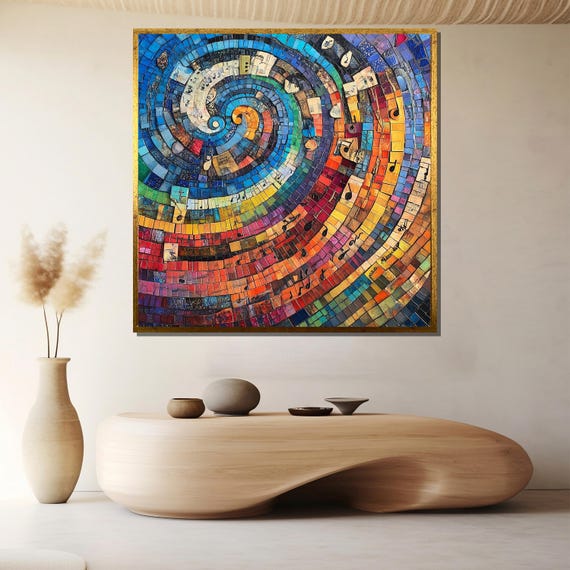 Musical Mosaic Spiral Canvas Painting With Music Notes Ready To Hang Gift For Lovers And Modern Home Decor