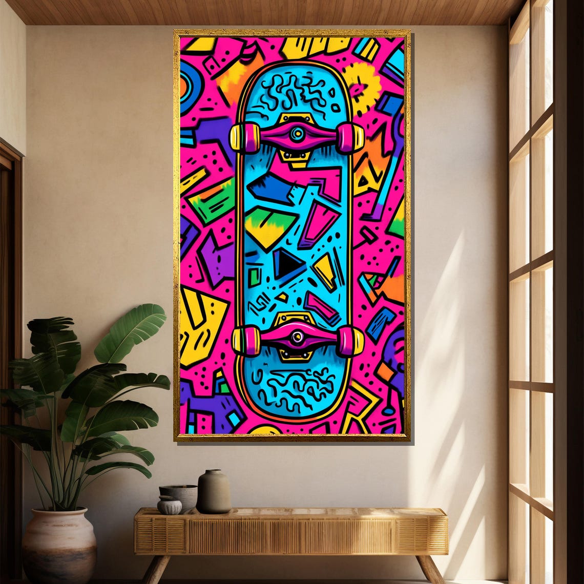 Vertical Neon Graffiti Skateboard Deck Colorful Street Art Poster - Image 2