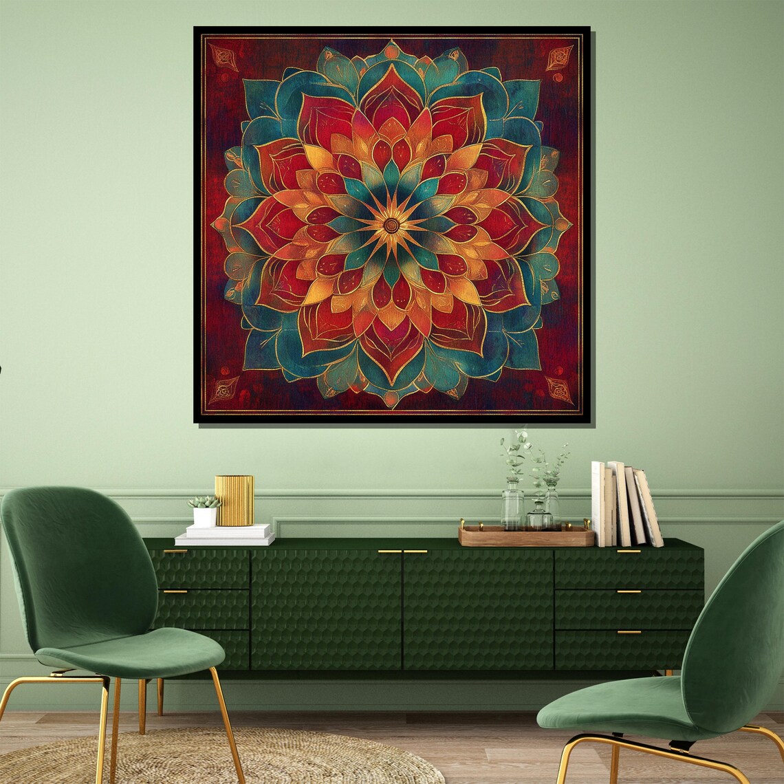 Teal Red Gold Mandala Radiant Harmony Yoga Meditation Art Poster - Image 3