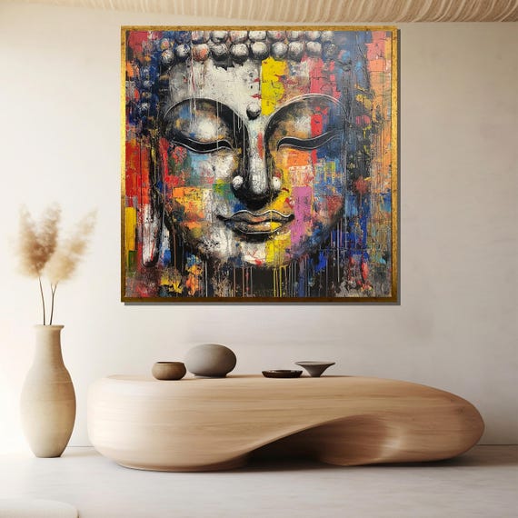 Colorful Buddha Face Canvas Painting Zen Wall Art For Peaceful Homes Ready To Hang Spiritual