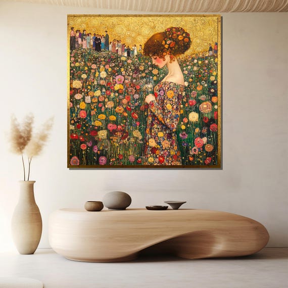 Klimt-Inspired Floral Woman Art Print, Nouveau Style