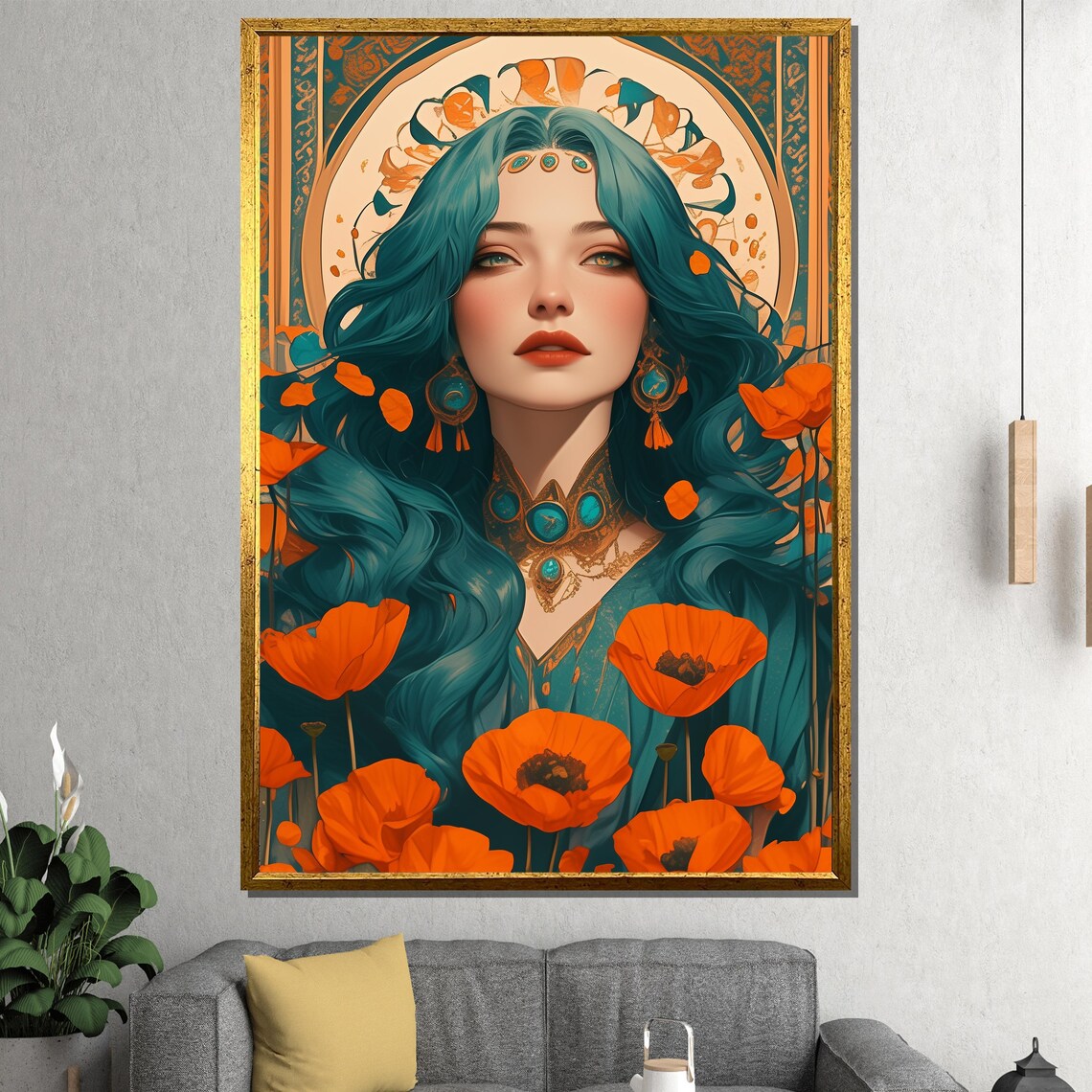 Teal Haired Goddess With Orange Poppies Art Nouveau Fantasy Poster