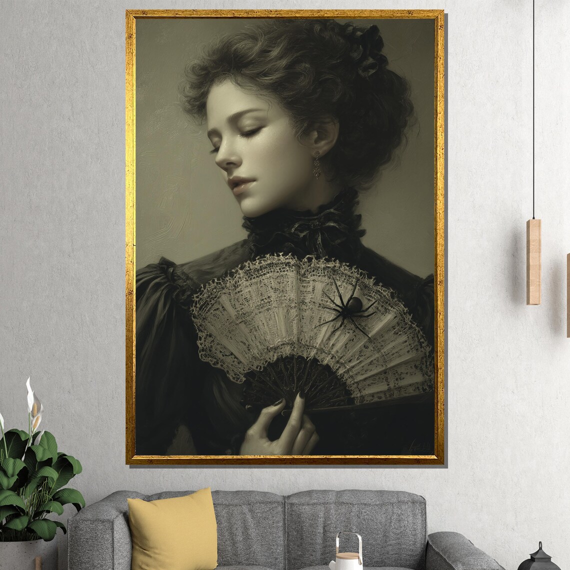 Elegant Gothic Lady Victorian Black Dress Lace Fan Spider Dark Portrait Poster