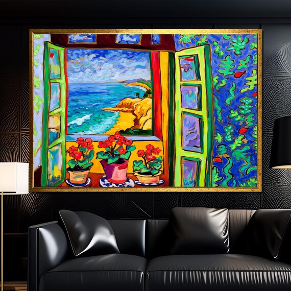 Colorful Coastal Window Scene With Red Geraniums Matisse Style Poster