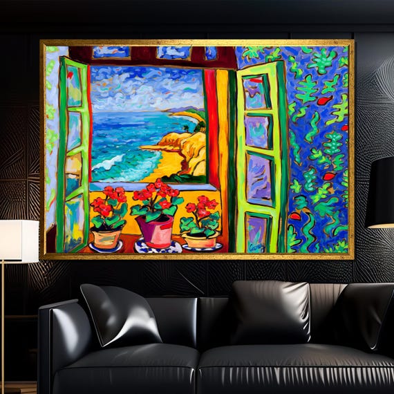 Henri Matisse Inspired Coastal Window Scene Canvas Painting Ready To Hang Gift For Boho Modern Home Decor