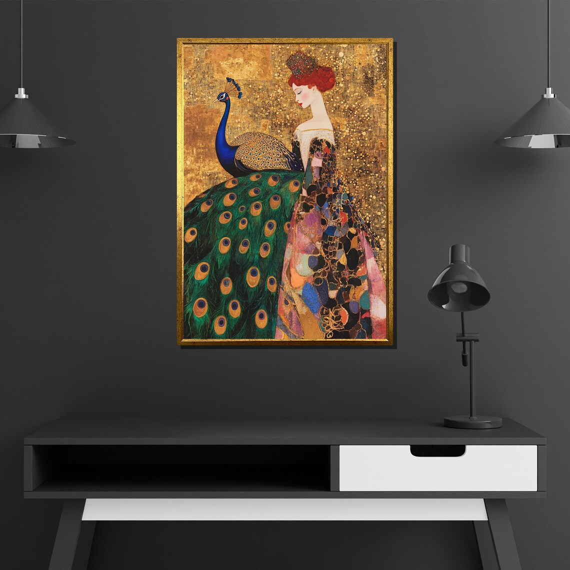 Elegant Woman With Peacock Canvas Painting Klimt Style Golden Wall Art Fantasy Feminine Gift For Living Room Gallery Or Artistic Space - Image 4