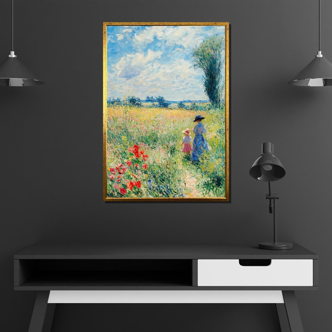 Claude Monet Poppy Field at Argenteuil Woman Child Meadow Art Poster - Image 4