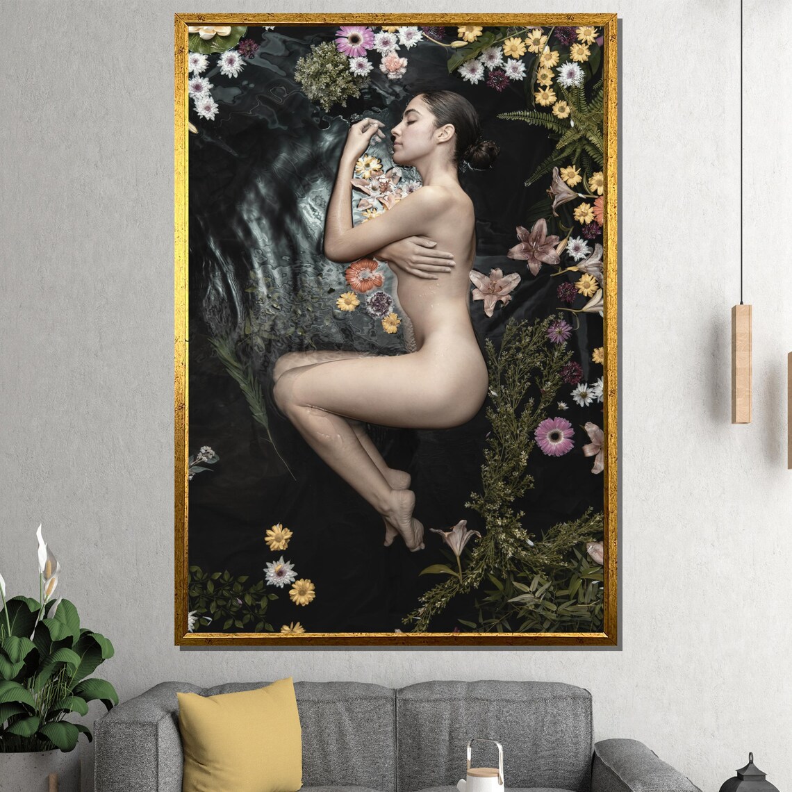 Floral Nude Woman Floating In Dark Water Fine Art Photography Poster