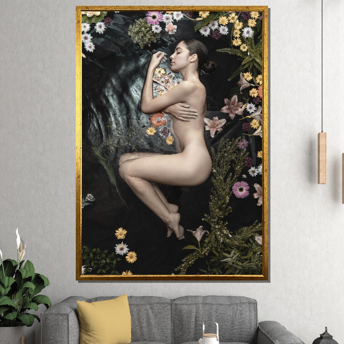 Floral Nude Woman In Water Canvas Painting Artistic Feminine Body With Flowers Serene Nature Wall Art Gift For Bedroom Or Wellness Space