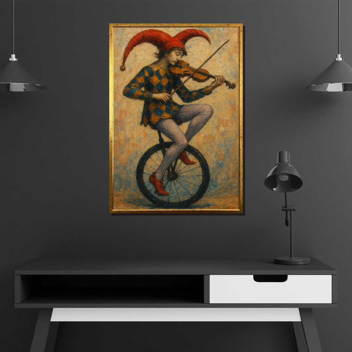 Jester Playing Violin On Unicycle Harlequin Oil Painting Whimsical Poster - Image 2