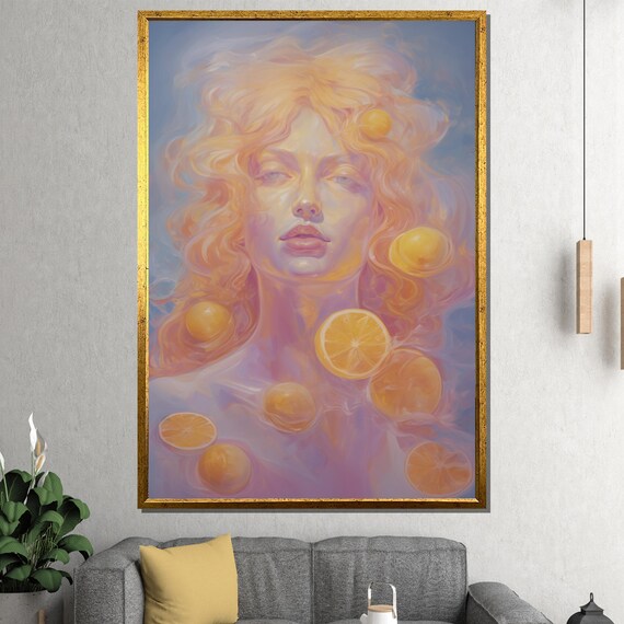 Surreal Golden Goddess Orange Fruits Dreamy Pastel Art Poster