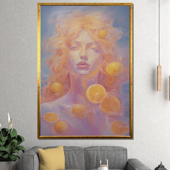 Surreal Orange Goddess Canvas Painting Dreamy Feminine Wall Art In Pastel Tones Ready To Hang Unique Gift For Her