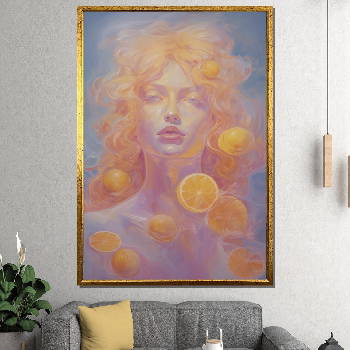 Surreal Golden Goddess Orange Fruits Dreamy Pastel Art Poster