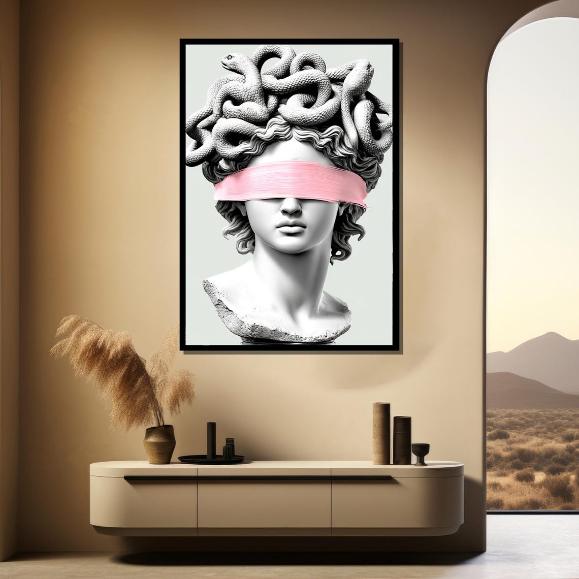 Medusa Bust Sculpture With Pink Blindfold Greek Mythology Poster - Image 3