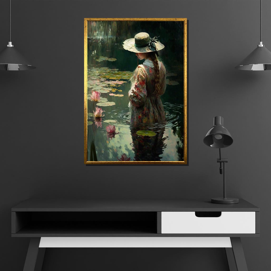 Romantic Woman In Water Lily Pond Vintage Impressionist Art Poster - Image 4