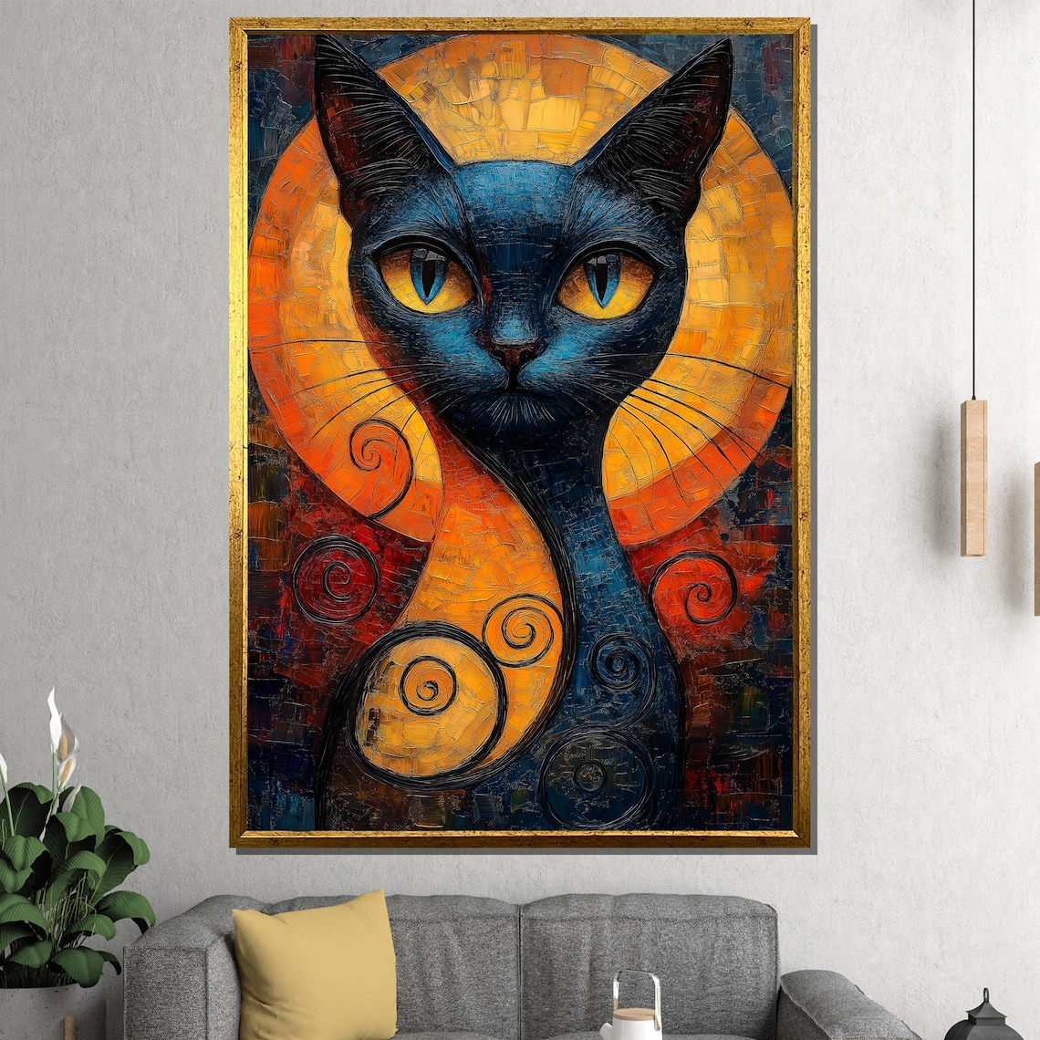 Black Cat Golden Moon Art Nouveau Style Whimsical Feline Oil Painting Poster - Image 2