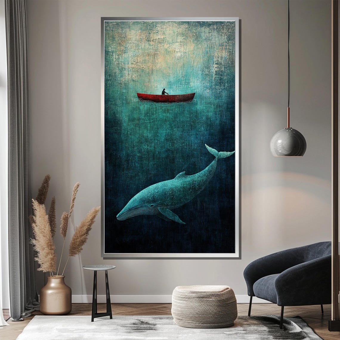 Whale And Boat Minimalist Ocean Art Dreamy Deep Sea Canvas Painting With Blue Red Canoe For Calm Thoughtful Wall Decor - Image 2