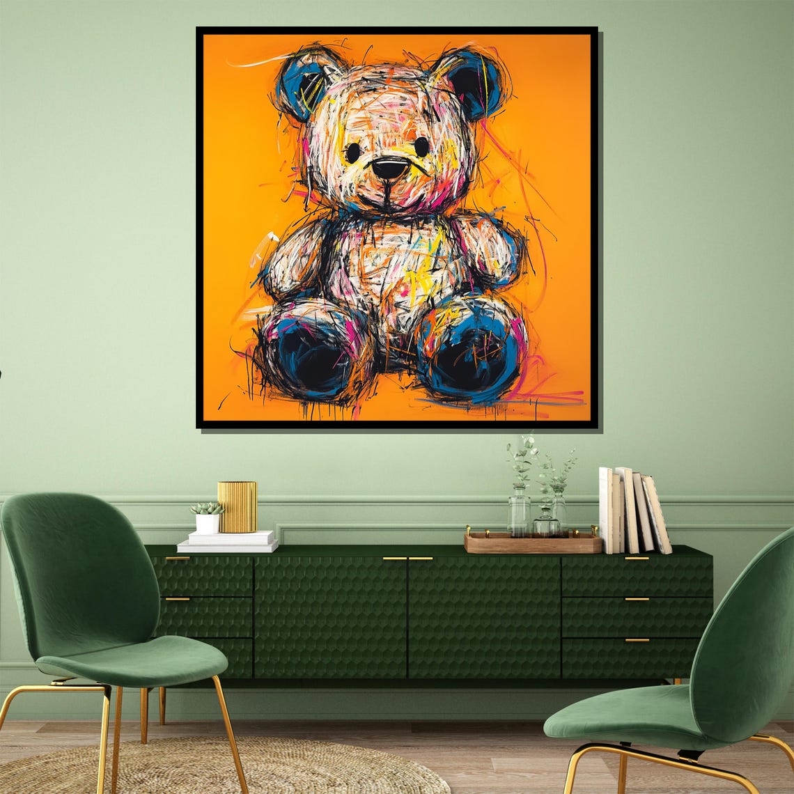 Vibrant Teddy Bear Canvas Painting In Bold Orange Abstract Sketch Art For Nursery Wall Decor Ready To Hang Gift Boho - Image 3