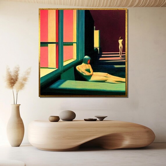 Edward Hopper Style Colorful Coastal Room Interior Figures Poster