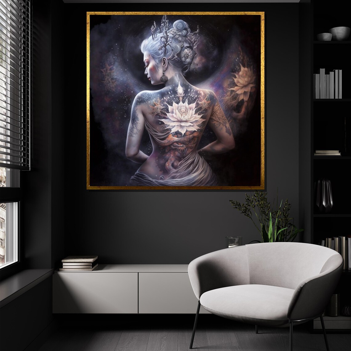 Mystical Tattooed Goddess Cosmic Lotus Fantasy Portrait Dark Surreal Painting Poster - Image 4