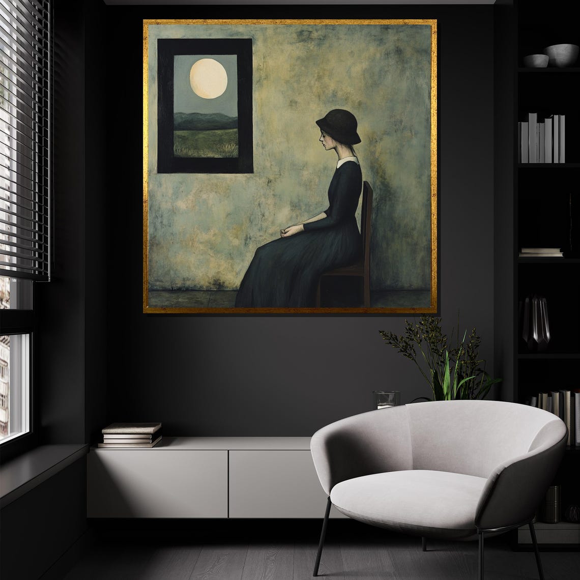 Lonely Woman Gazing at Moon Through Window Quiet Evening Art Poster - Image 4