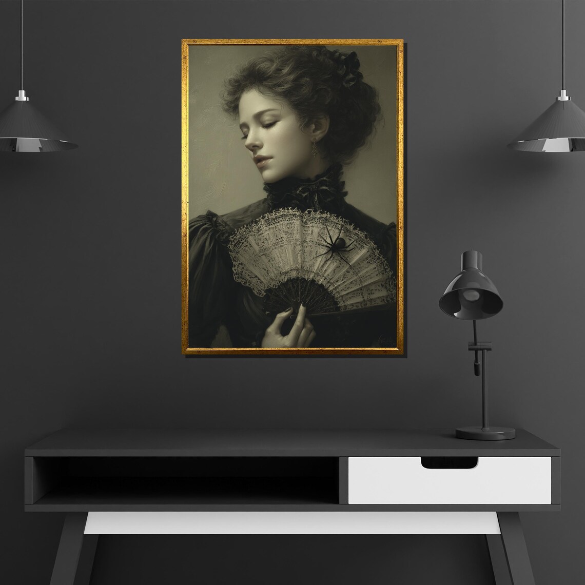 Elegant Gothic Lady Victorian Black Dress Lace Fan Spider Dark Portrait Poster - Image 4