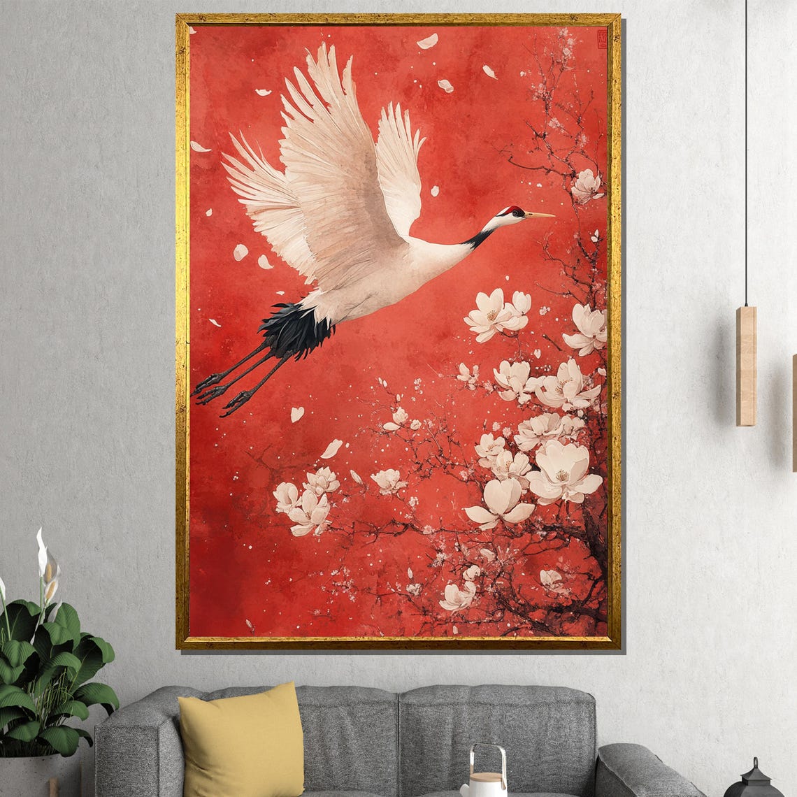Graceful Red Crowned Crane Flying Cherry Blossom Oriental Poster - Image 2