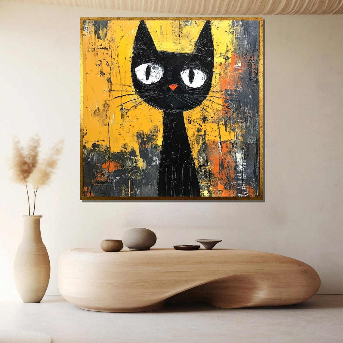 Quirky Black Cat Wide Eyes Yellow Abstract Whimsical Art Poster - Image 2