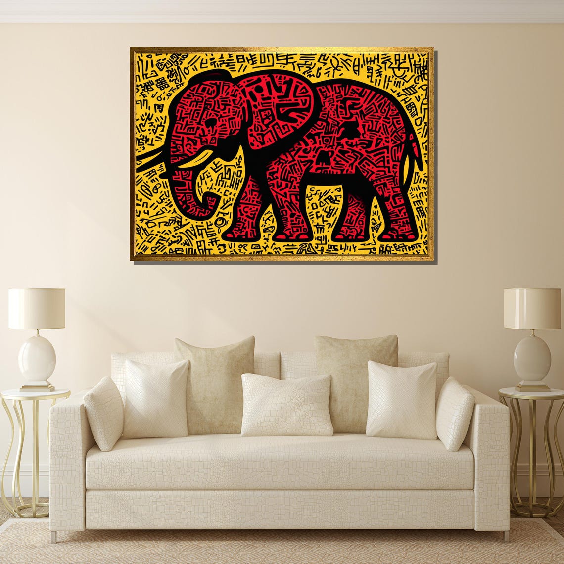Mighty Red Tribal Elephant Yellow Background Bold Doodle Poster - Image 2