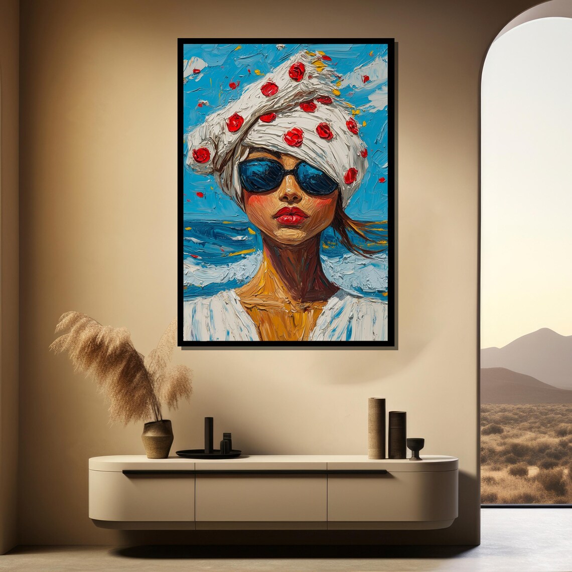 Summer Woman With Sunglasses Beach Turban Impasto Art Poster - Image 3