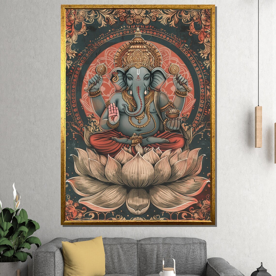 Meditating Ganesha Golden Lotus Dark Teal Sacred Boho Art Poster - Image 2