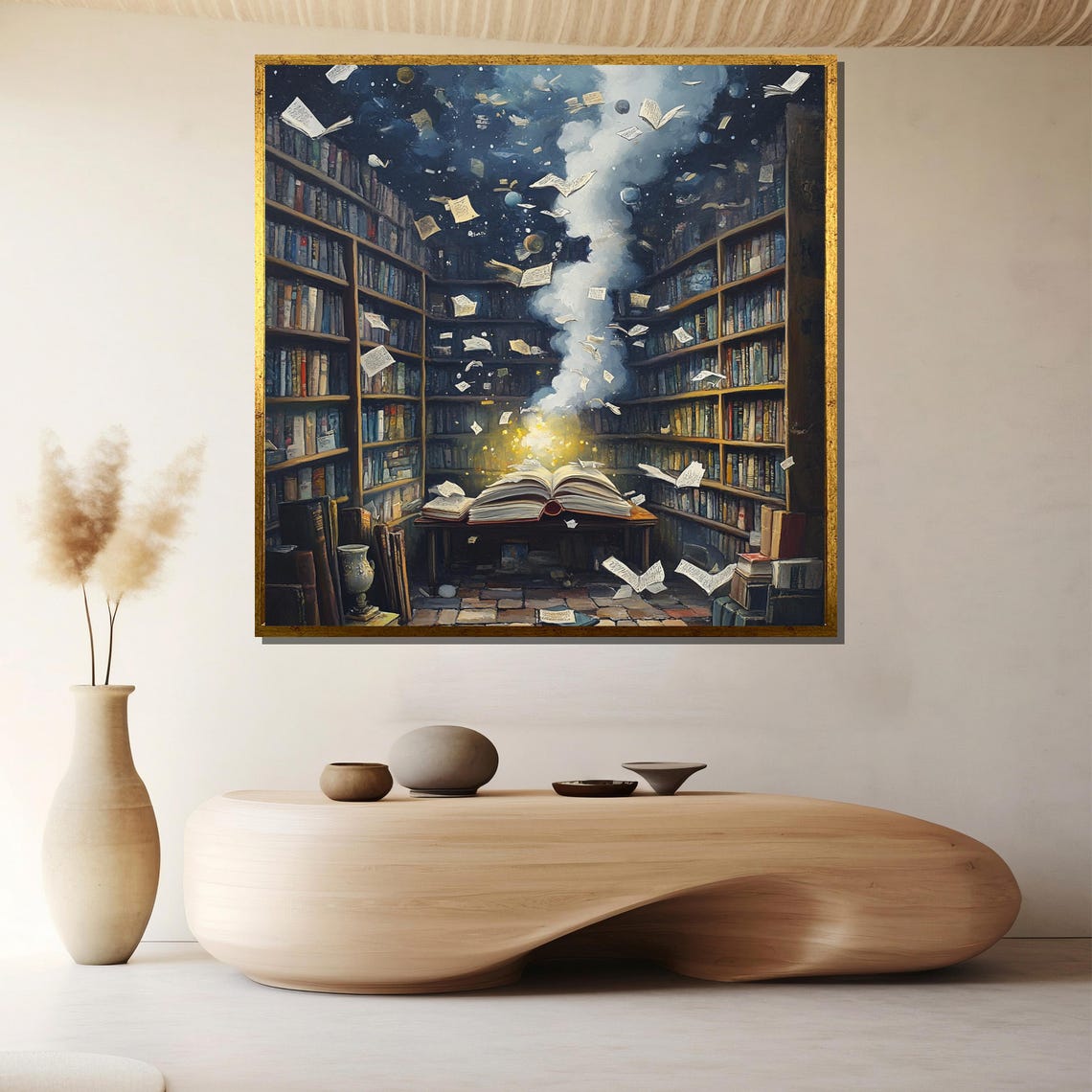 Magical Library Glowing Open Book Flying Pages Starry Night Poster