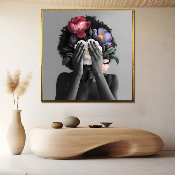 Modern Floral Face Art Print Afro Woman Silhouette With Bold Blooming Flowers On Black And White Canvas For Contemporary Boho Wall Decor