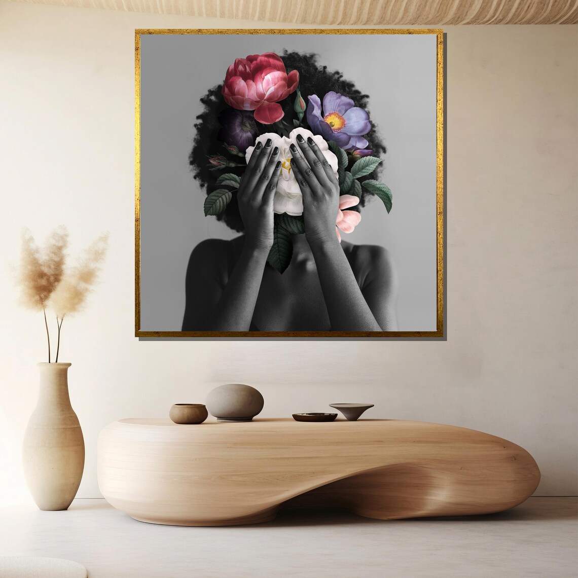 Afro Woman Floral Face Hidden Blooms Bold Botanical Portrait Poster