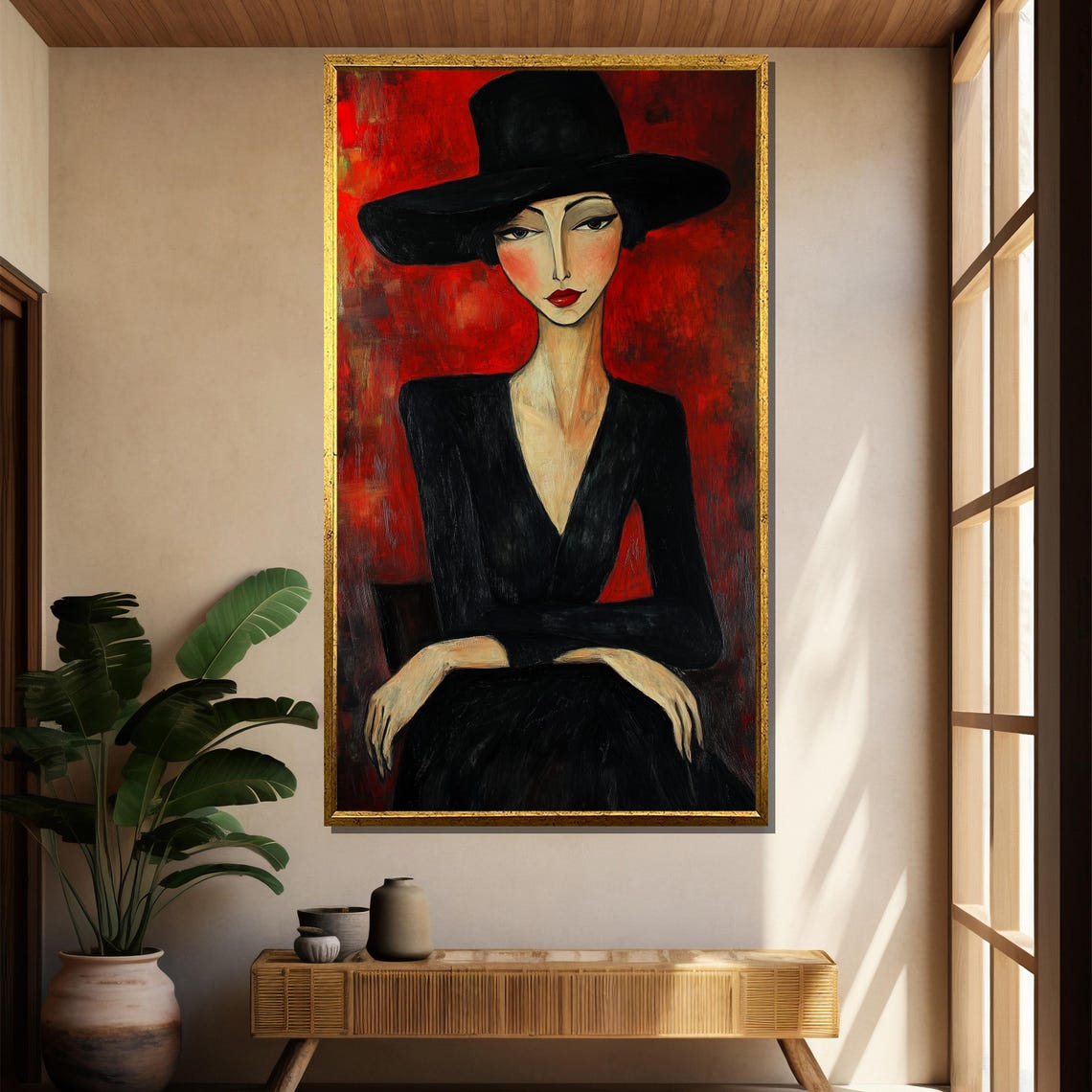 Elegant Woman In Black Hat, Minimalist Modern Portrait - Image 4