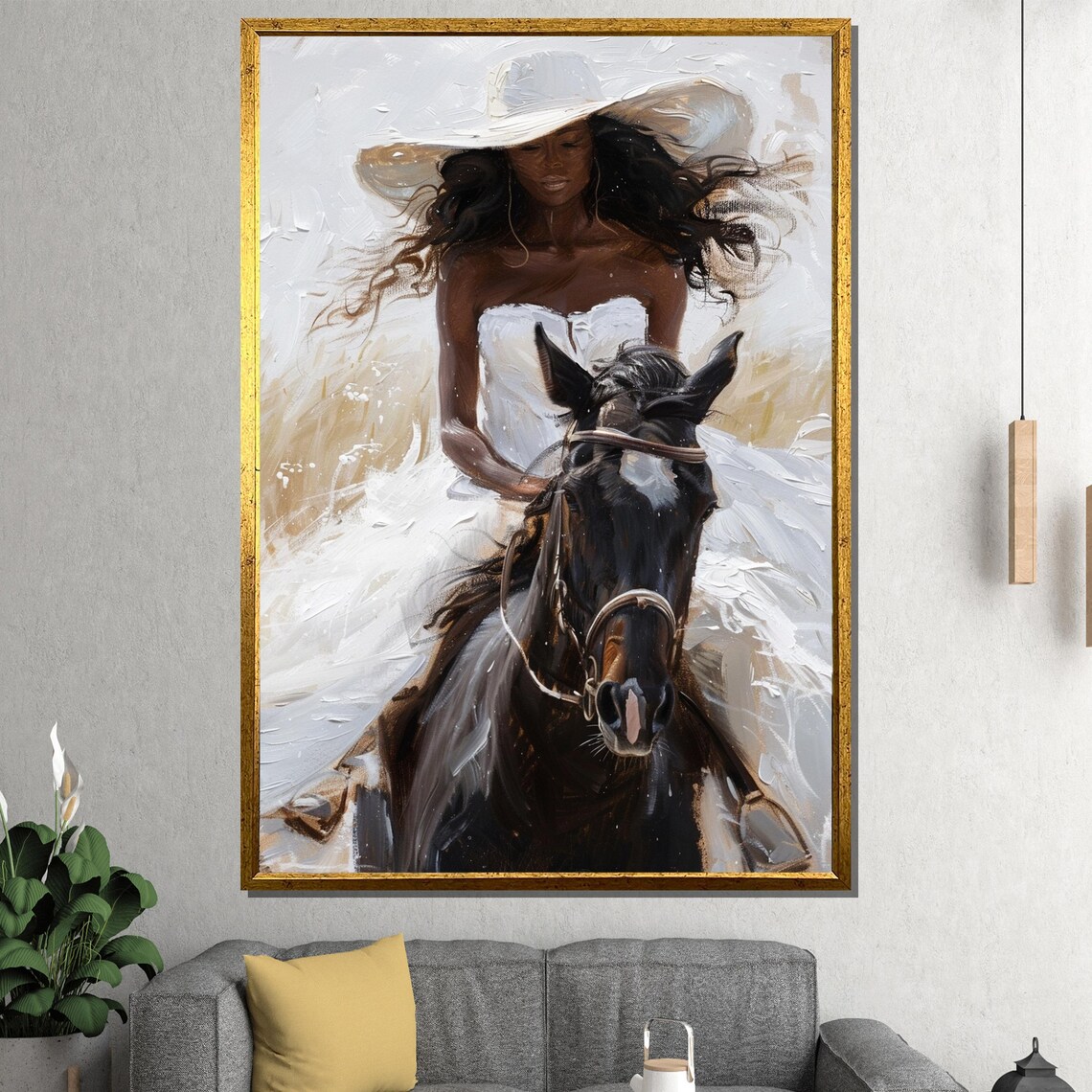 Elegant Woman Riding Black Horse White Dress Golden Art Poster