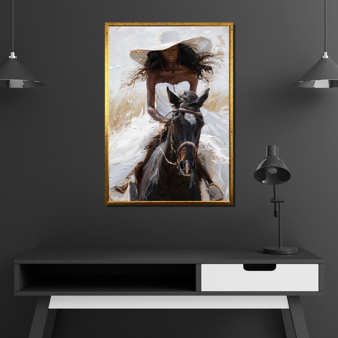 Elegant Woman Riding Black Horse White Dress Golden Art Poster - Image 2