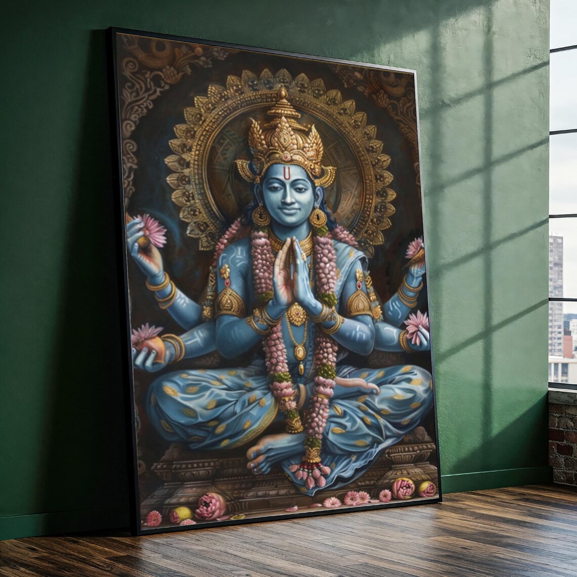 Lord Vishnu Blue Divine Blessing Golden Halo Sacred Art Poster