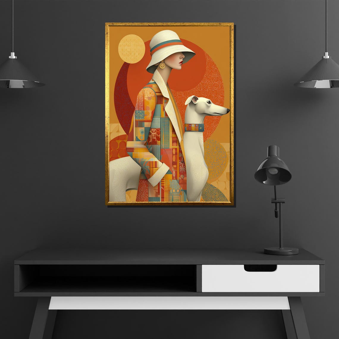 Modern Woman And Dog Canvas Painting Stylish Retro Wall Art In Warm Tones Elegant Fashion Portrait Sophisticated Gift For Home - Image 4