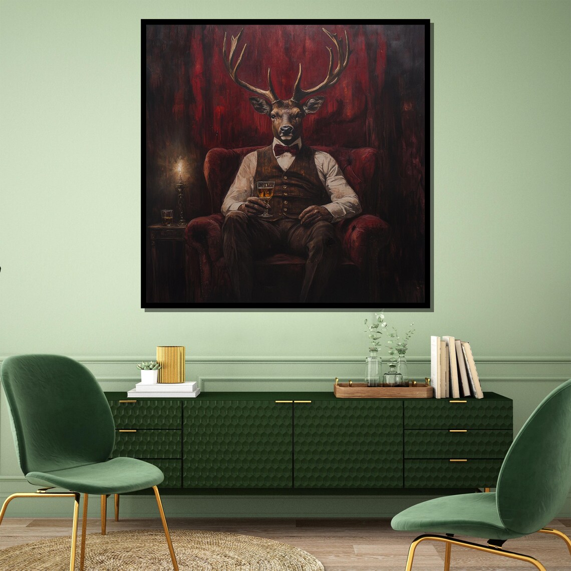 Gentleman Stag in Bow Tie Velvet Chair Whiskey Anthropomorphic Poster - Image 3