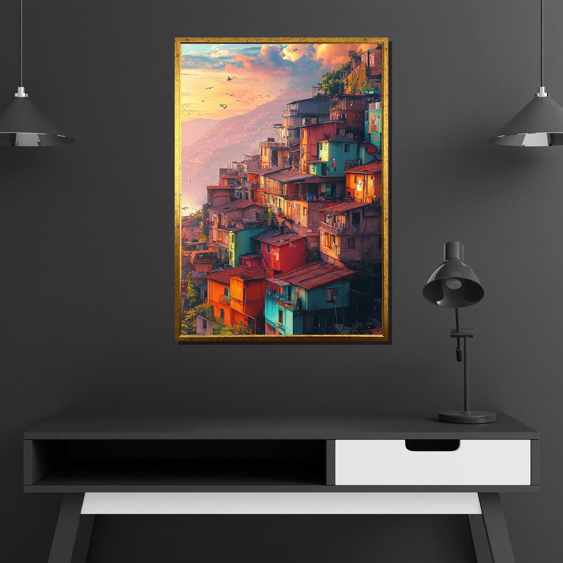 Colorful Hillside Village Sunset Mediterranean Coastal Art Poster - Image 2