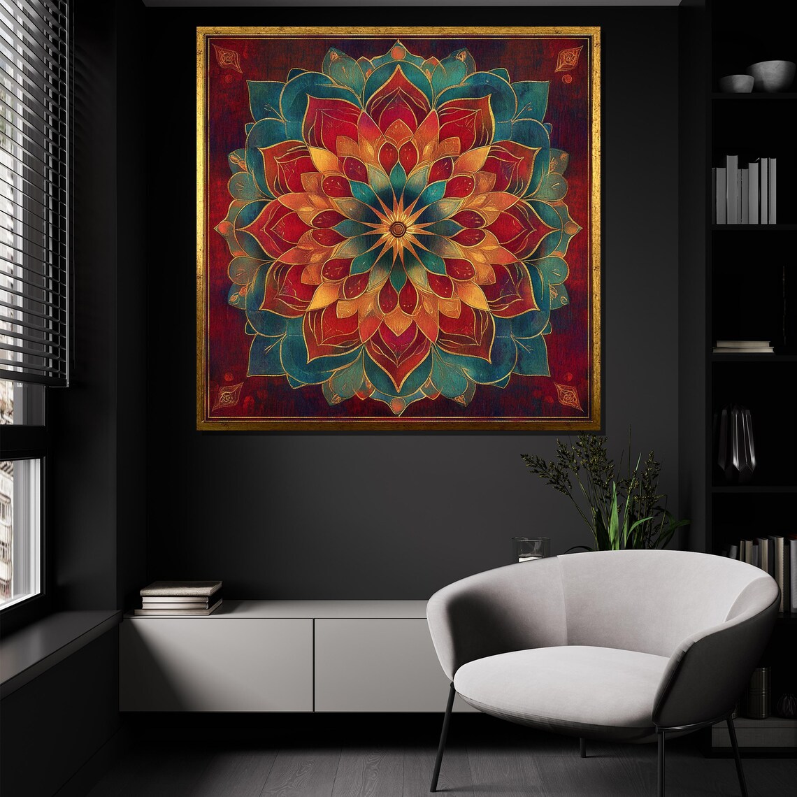 Teal Red Gold Mandala Radiant Harmony Yoga Meditation Art Poster - Image 4