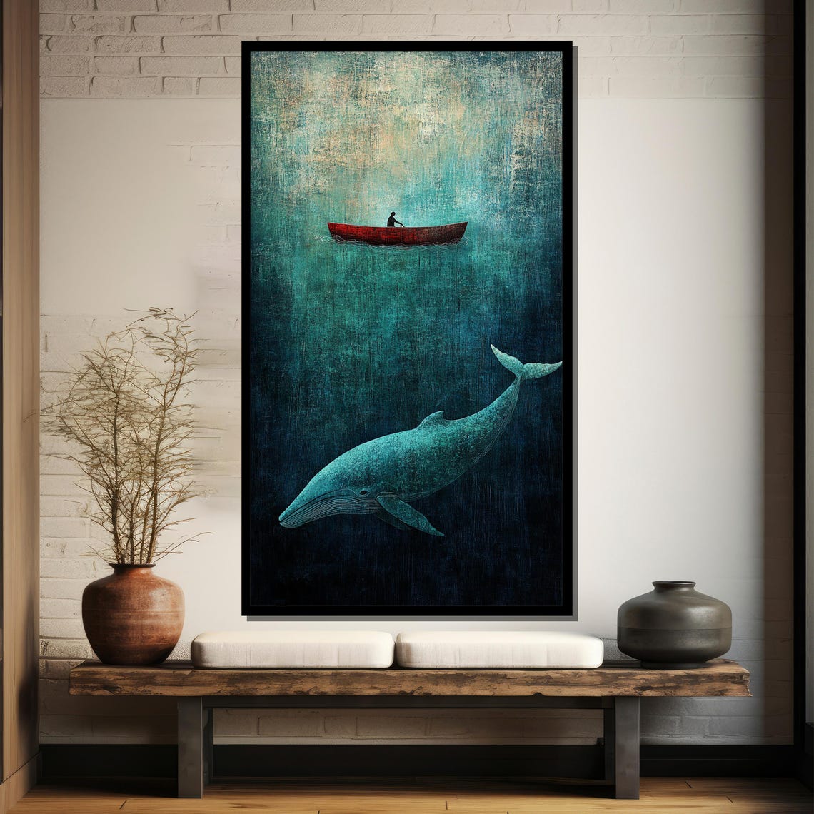 Whale And Boat Minimalist Ocean Art Dreamy Deep Sea Canvas Painting With Blue Red Canoe For Calm Thoughtful Wall Decor - Image 3