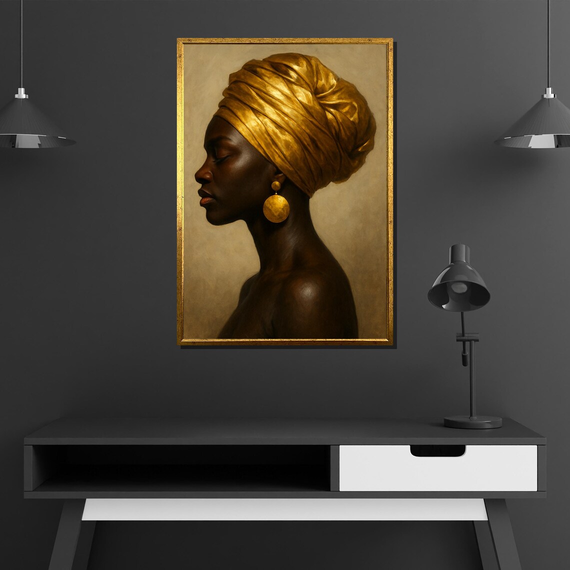 African Woman Profile Portrait with Golden Headwrap and Earrings Painting Poster - Image 4