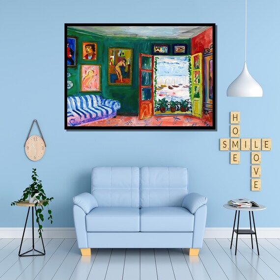Matisse Style Interior With Open Window Overlooking Harbor Poster